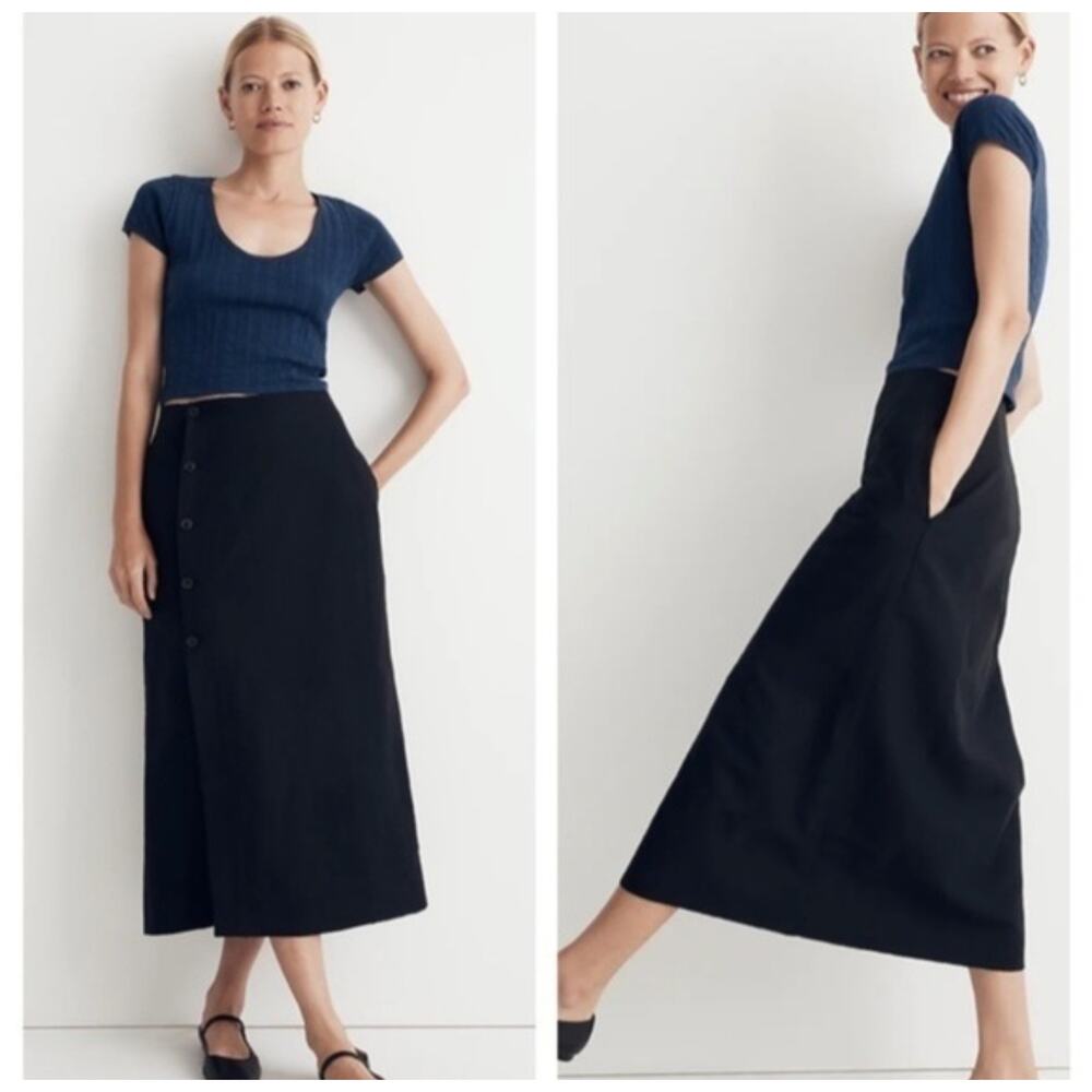 Madewell Linen Blend Button Front Midi Skirt Black High Rise Size 4 - Picture 2 of 7